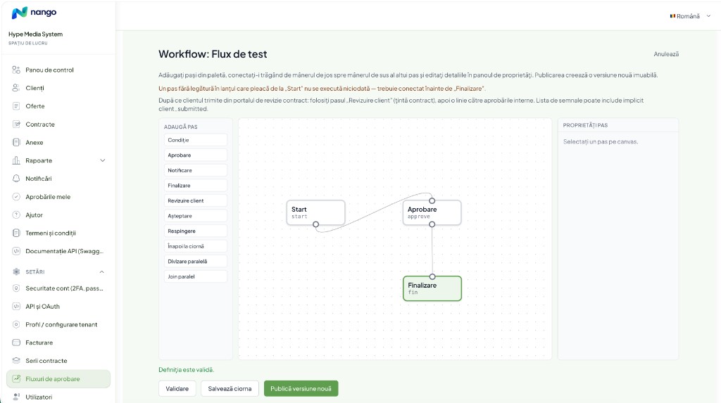 Nango — visual approval workflow designer (canvas, step palette, and properties panel)